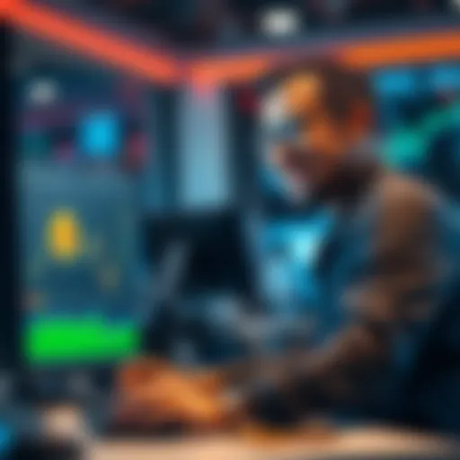 A trader smiling while looking at a computer with a graph showing reduced trading fees and icons of various cryptocurrencies around