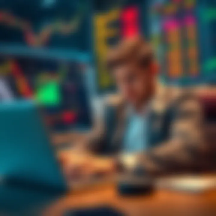 Trader feeling uncertain about market gains A trader sitting at a desk with a laptop, looking worried while glancing at market charts and stock prices, showing signs of emotional stress.