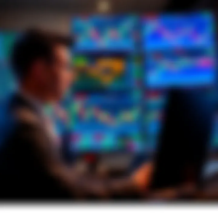A trader looks at multiple screens displaying market charts while deep in thought about missed investment opportunities, reflecting on recent price drops and market timing.
