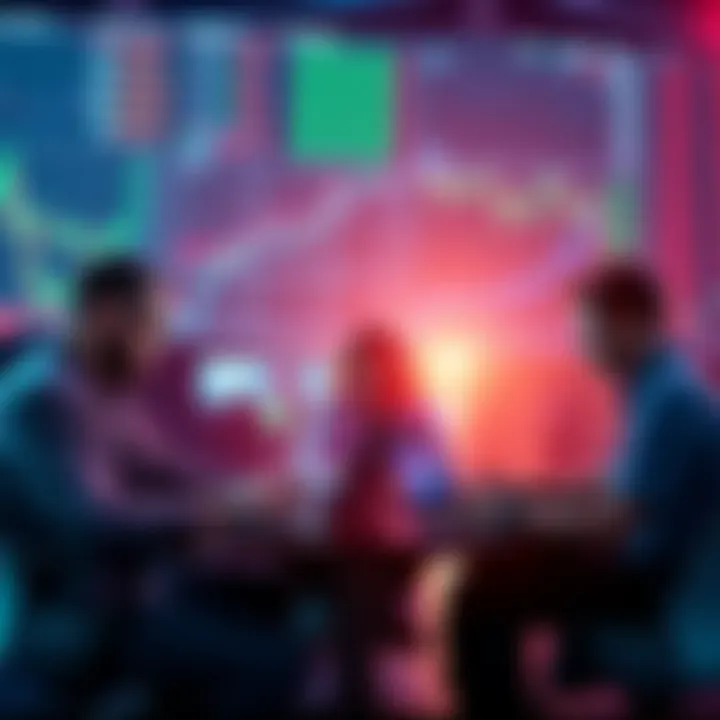 A group of traders analyzing market data on their laptops, discussing new protocols for safe retail arbitrage, with charts and graphs in the background