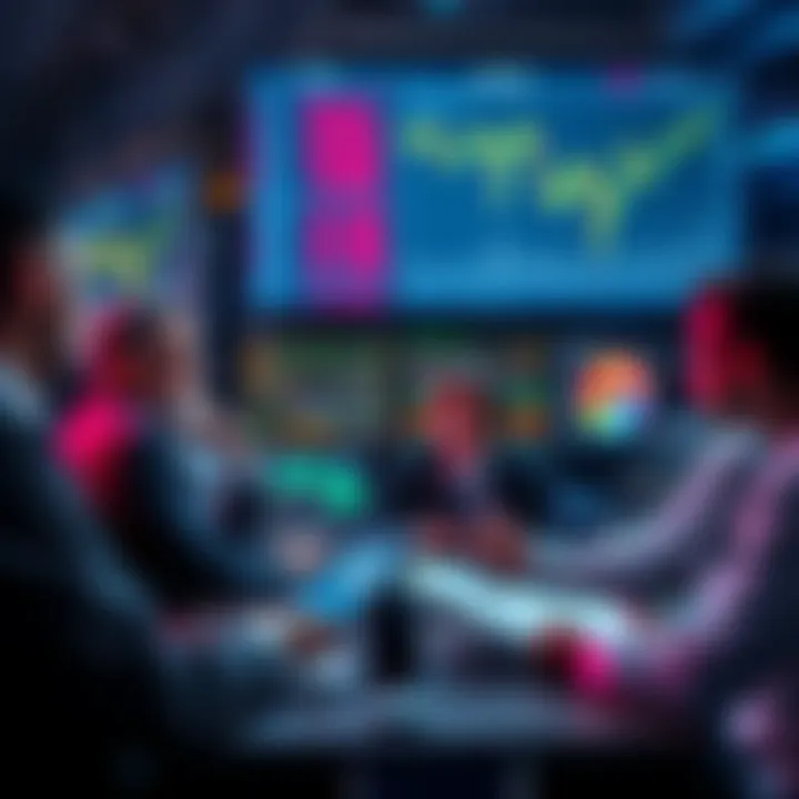 Traders Discussing Strategies A group of traders sharing insights and tips in a lively discussion, with charts and trading tools displayed on a screen.