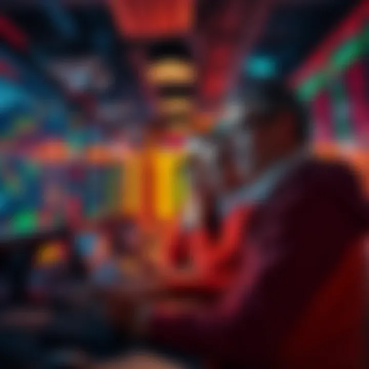 A group of traders examining charts and data on screens, showing losses in their trading accounts.