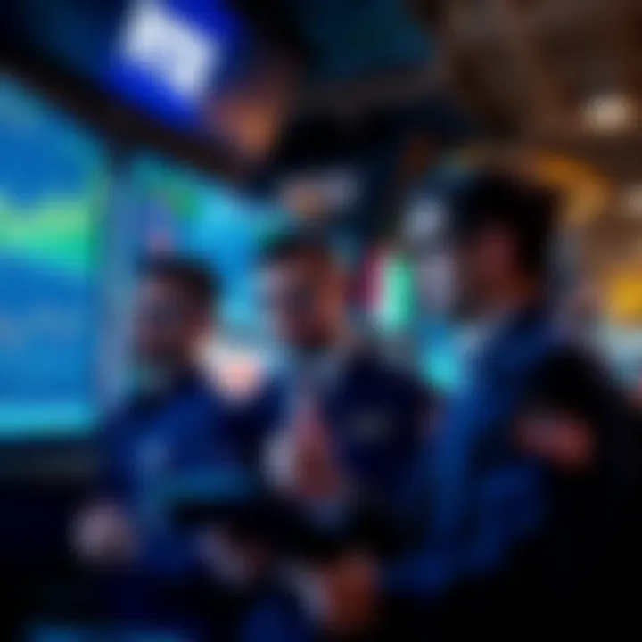 Group of traders discussing and analyzing charts and data on a screen, showing mixed emotions about market movements