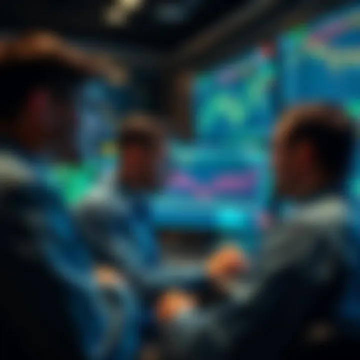 A group of traders analyzing data on screens with a platform for assisted trading in action, showing graphs and statistics.