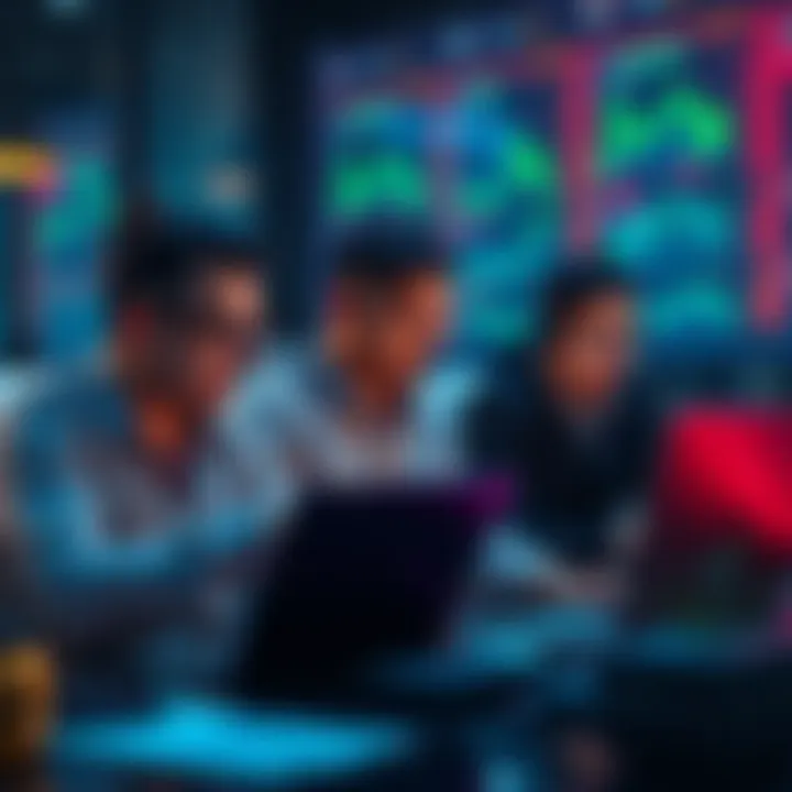 A group of traders reviewing crypto exchange options on their laptops and phones, highlighting fees and security features