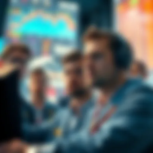 A group of traders looking concerned as charts show declining prices. The atmosphere highlights tension and uncertainty in the trading market.