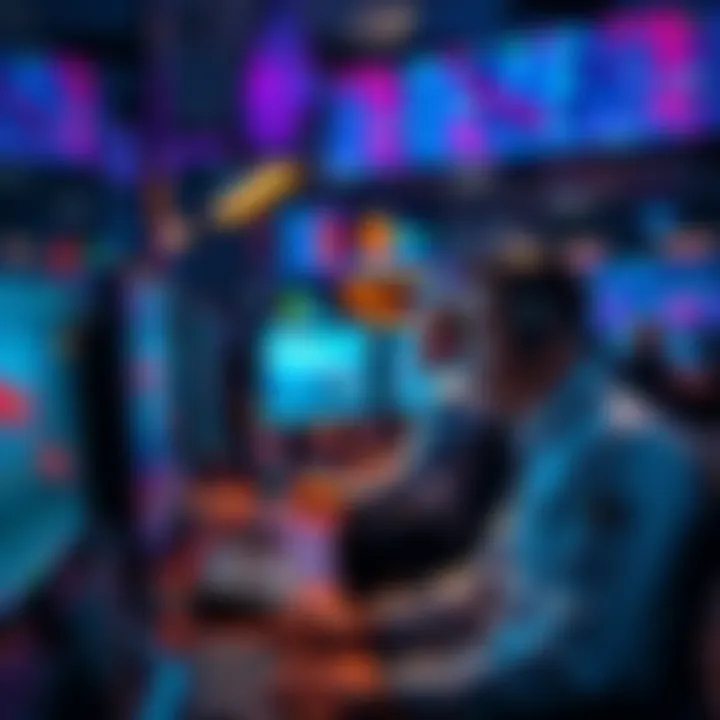 A group of traders intensely focused on their computer screens, showcasing a high-stress trading environment with multiple monitors.
