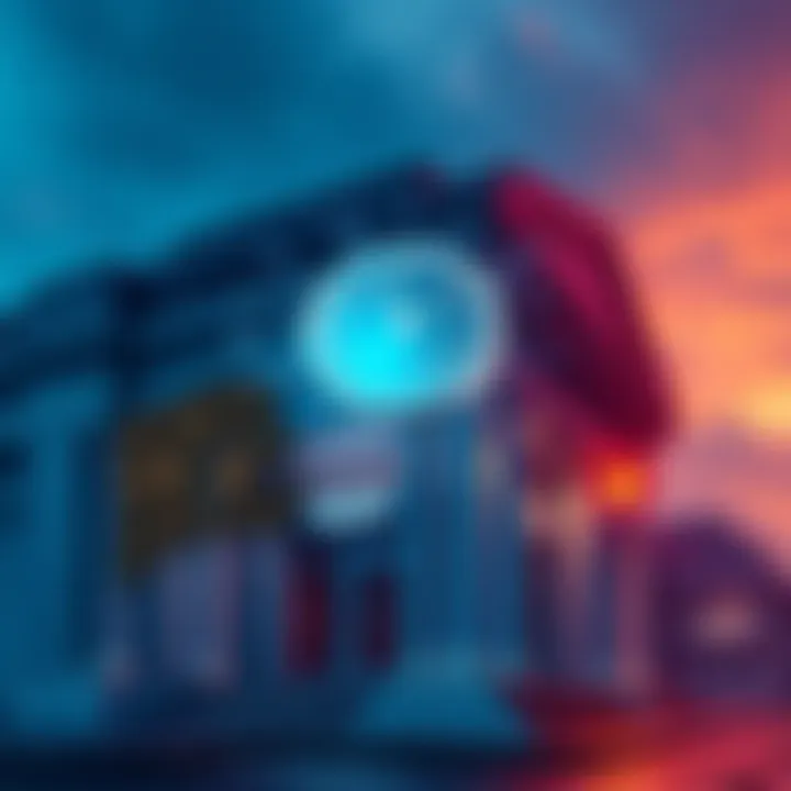 TradFi banks embracing cryptocurrency A modern bank building with digital currency symbols and a clock showing 24/7 operation
