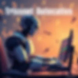 A digital illustration showing a trading bot working on a computer screen, with dollar signs and cryptocurrency symbols in the background, representing significant financial growth.