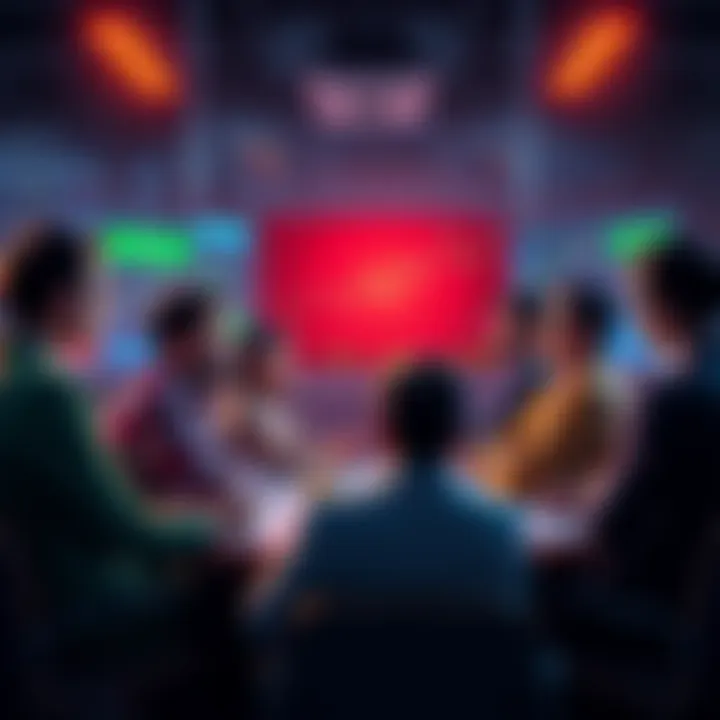 A group of people engaged in a lively discussion about trading strategies, with charts and graphs displayed on screens around them.