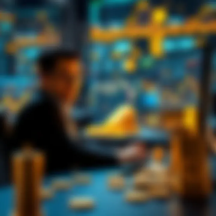 A person using a computer to trade futures with tokenized gold, surrounded by gold bars and cryptocurrency symbols.