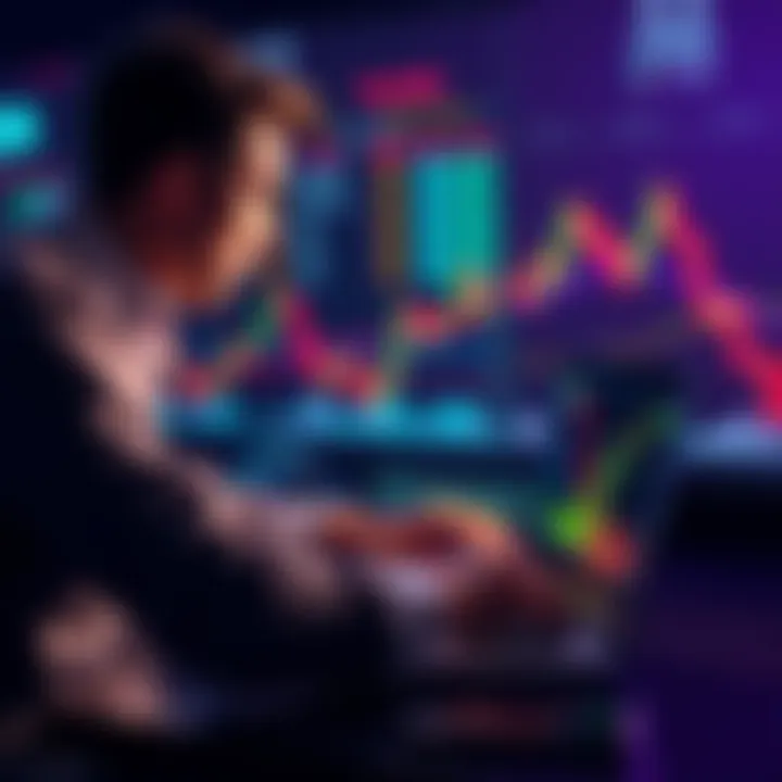 A trader analyzing charts on a laptop with financial graphs in the background