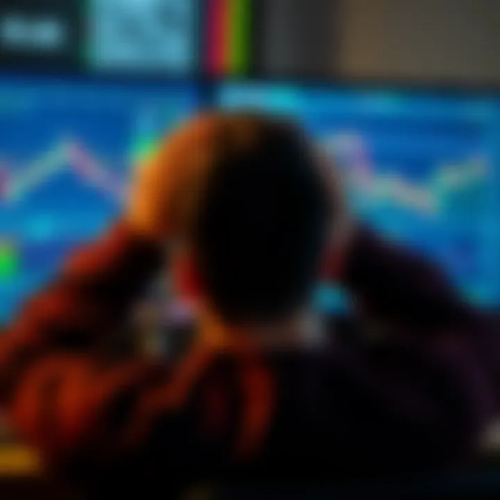 Trading mistakes in cryptocurrency A person looking at losses on a trading screen with a disappointed expression, holding their head in hands, symbolizing emotional stress from trading mistakes.