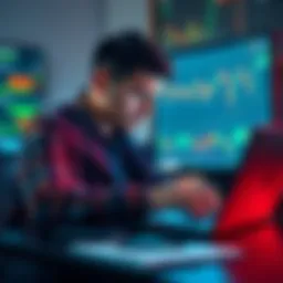 A trader examining charts and graphs on a laptop, looking puzzled while deciding between XAUUSD and other currency pairs.