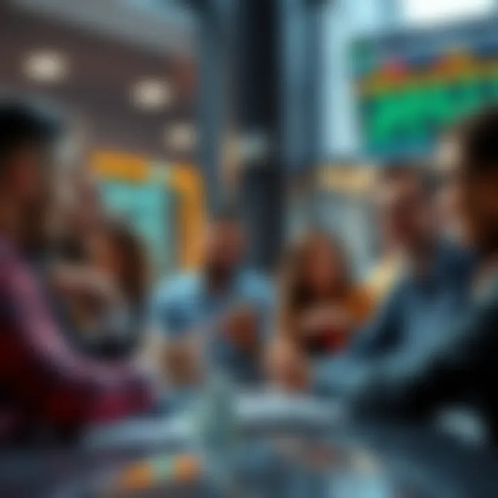 A group of people engaged in a lively discussion about trading strategies and daily events