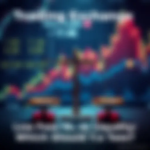 A graphic showing a balance scale with low fees on one side and liquidity on the other, symbolizing the trade-off in choosing an exchange.