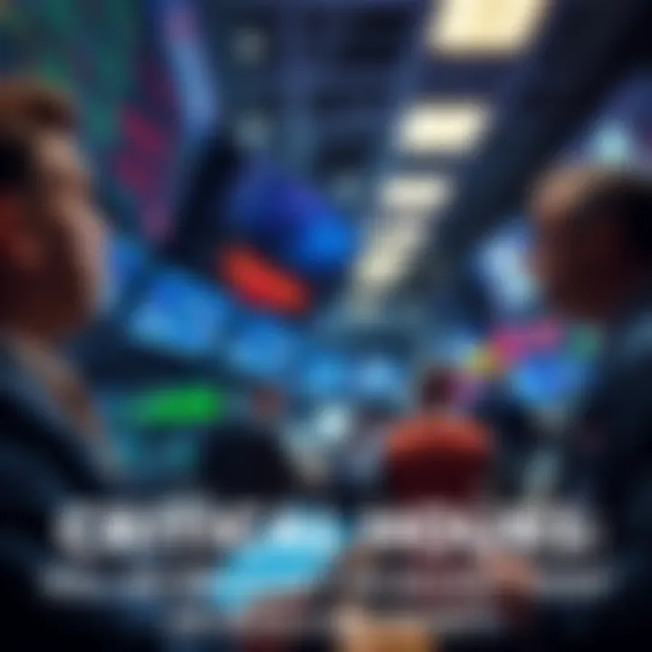 Trading floor with stressed traders Traders looking at screens showing stock market fluctuations and graphs, representing critical market moments
