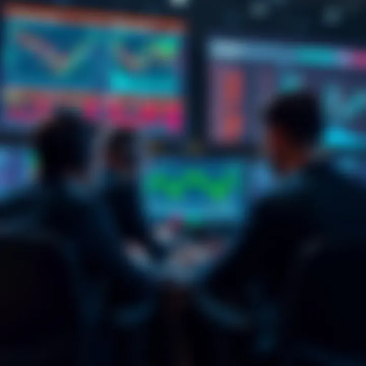 Trading Forum Discussions A group of traders engaged in an online forum, discussing taker fees and trading strategies, with charts and graphs displayed on their screens.