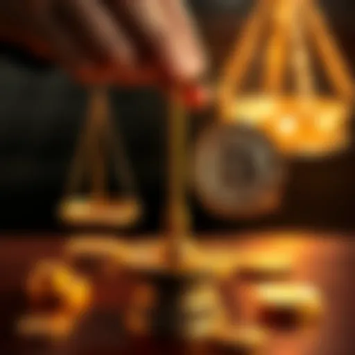 A person weighing gold coins against a Bitcoin on a balance scale, symbolizing the trade decision.