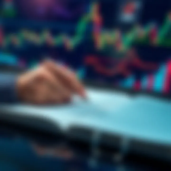 A person writing in a trading journal with charts and graphs in the background