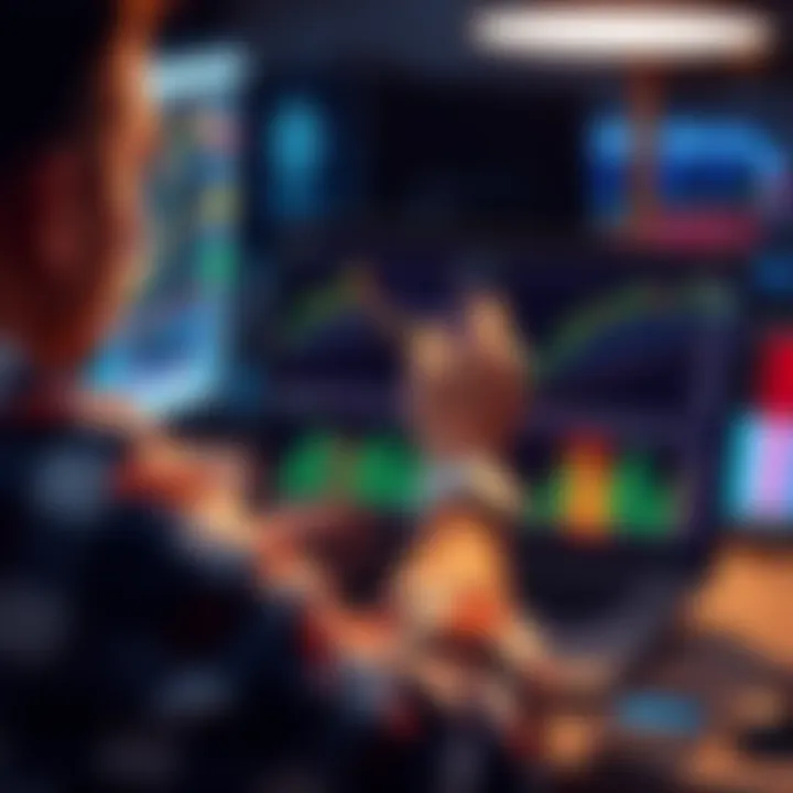 Trading journey overview A person analyzing trading graphs on a laptop, showing successful trades and earnings.