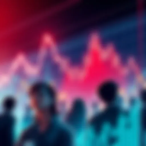 An illustration of a downward trend in trading charts symbolizing massive liquidations, with people looking concerned over financial losses.