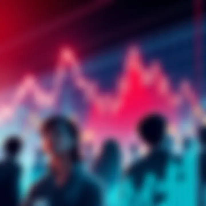Trading Losses An illustration of a downward trend in trading charts symbolizing massive liquidations, with people looking concerned over financial losses.