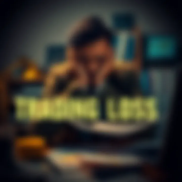 A person sitting at a desk with their head in their hands, surrounded by financial charts and papers, showing the emotional impact of trading losses.