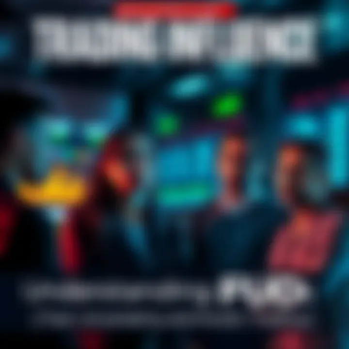 A graphic showing people discussing trading strategies with some looking worried and others confident, reflecting fear, uncertainty, and doubt in trading.