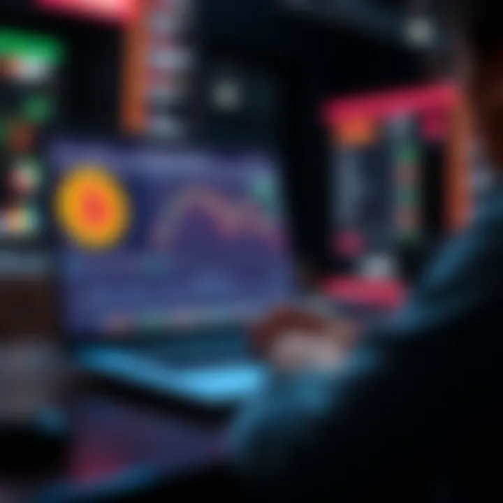 A person using a laptop to trade memecoins on a decentralized exchange, with Bitcoin and Solana symbols on the screen.