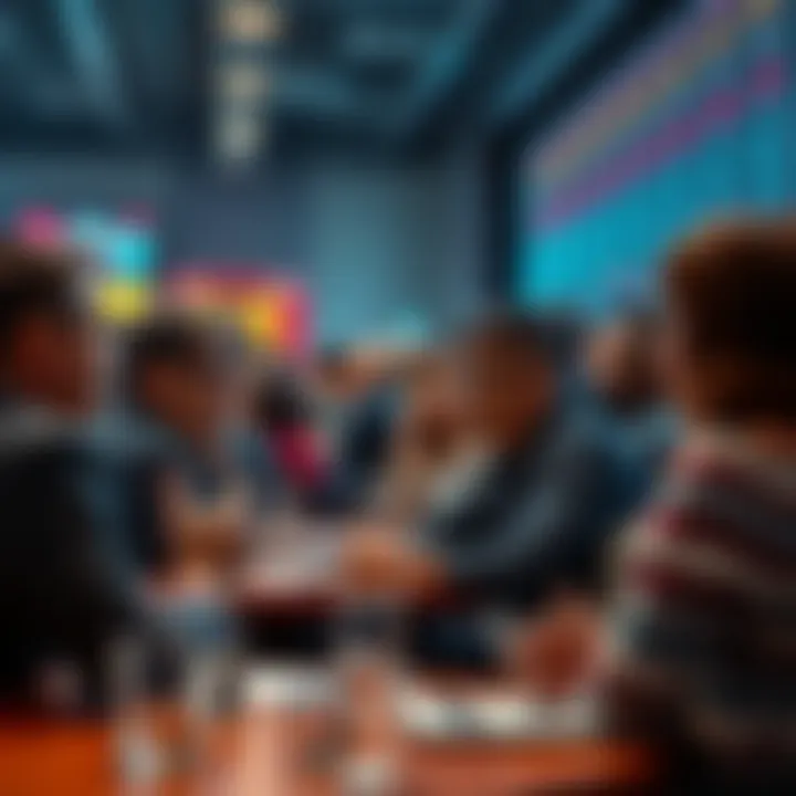 A diverse group of people engaging in a lively discussion about trading strategies and market trends in a forum setting.