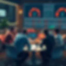A group of traders sharing ideas and strategies at a round table with charts and graphs in front of them.
