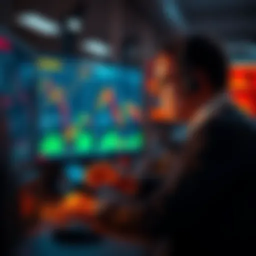 A trader analyzing stock market charts and graphs on a computer screen, focusing on making profitable trades.