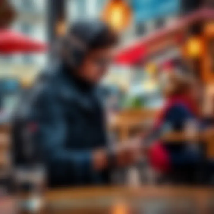 Traveler using cryptocurrency at a cafe A traveler makes a payment with a smartphone showing a cryptocurrency wallet at a cafe abroad