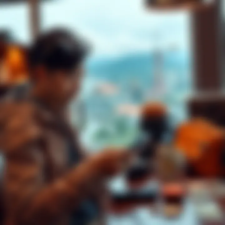 A traveler using a smartphone to make a contactless payment with cryptocurrency at a cafe, surrounded by travel gear and foreign currency notes.