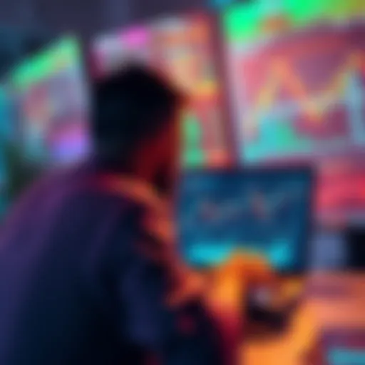 A person analyzing charts and graphs on a laptop, surrounded by digital screens showing market data and trends.