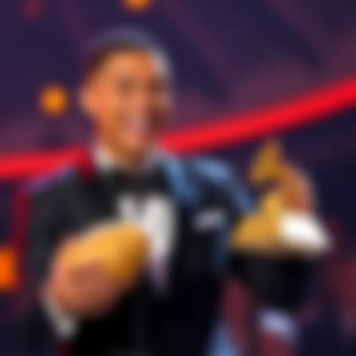 Trevor Noah holding a microphone on stage at the Grammys, with a comical expression and a potato prop