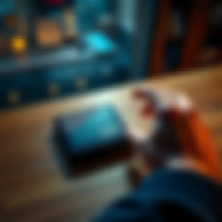 A Trezor Safe 3 cold wallet on a wooden table, with a person’s hand preparing to set it up.