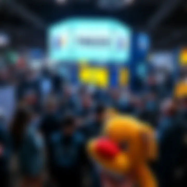 Crowd gathered at Trezor's booth during ETH Prague, showcasing the TS7 device and engaging with attendees, including a plushie gift for Vitalik Buterin.