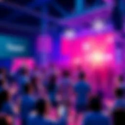 A vibrant celebration scene with people engaging in activities, sharing tips, and participating in giveaways for Trezor's 80,000 member milestone.