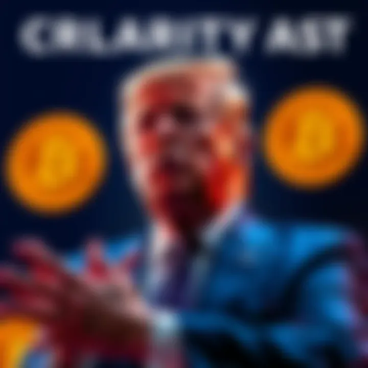 President Trump urging Senate to support the CLARITY Act while Bitcoin and Ethereum symbols are displayed in the background