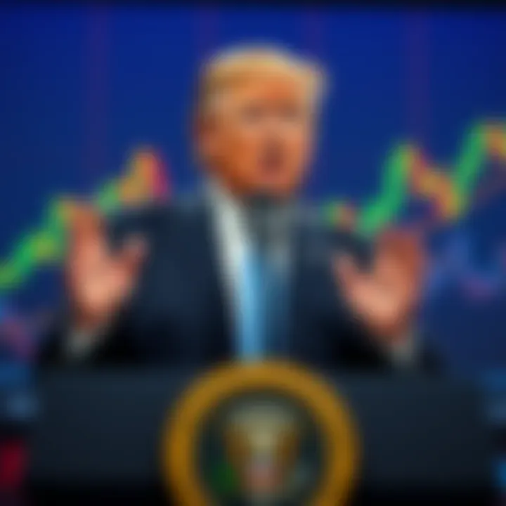 Trump Criticizes Fed President Trump speaking at a podium, expressing discontent over interest rates, with a backdrop of financial charts showing rising rates.