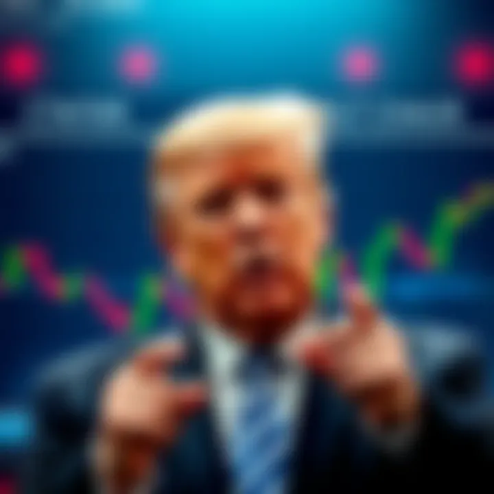 Former President Trump making a statement about the Federal Reserve Chair, with a graph showing market trends in the background