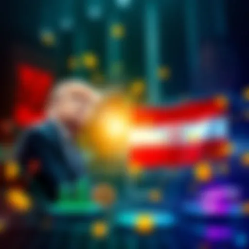 A graphic showing the connection between Donald Trump's cryptocurrency efforts and Iran's exchange networks, with digital currency symbols and flags of both entities.