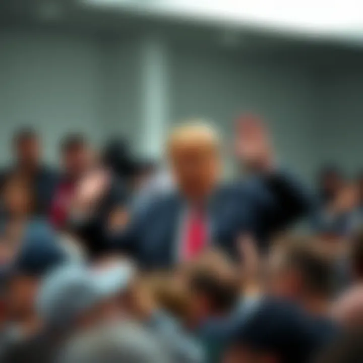 Former President Trump mimicking ape-like gestures during a public event, drawing attention from the crowd.