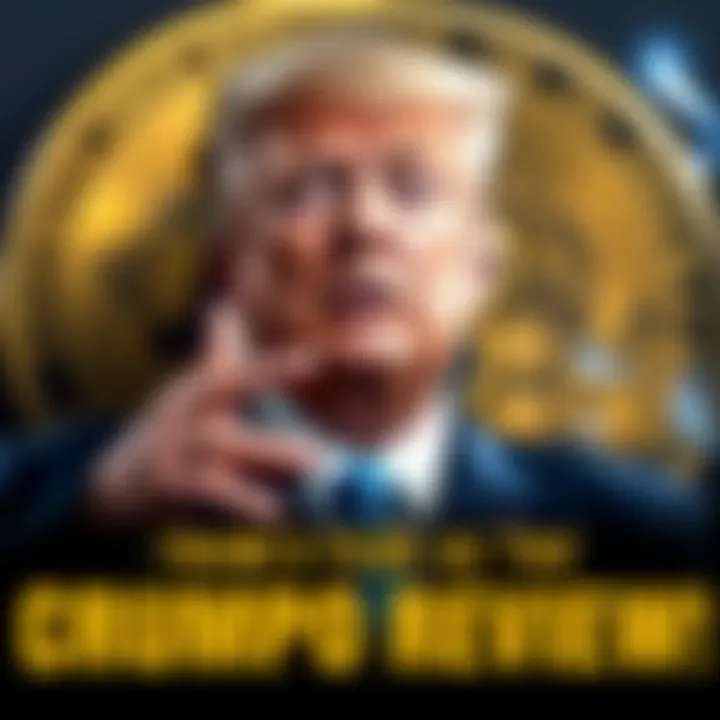 Donald Trump promoting cryptocurrency with Bitcoin in the background