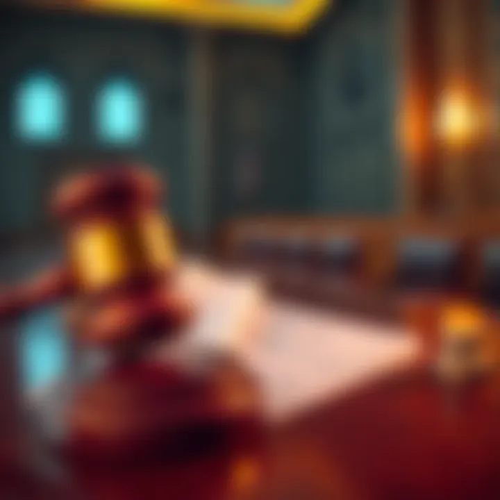 A courtroom scene showing a gavel and legal documents, representing a fraud lawsuit involving a major supporter of a cryptocurrency project linked to Trump.