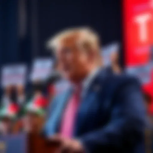 Donald Trump speaking at a cryptocurrency event with supporters holding signs about crypto investments