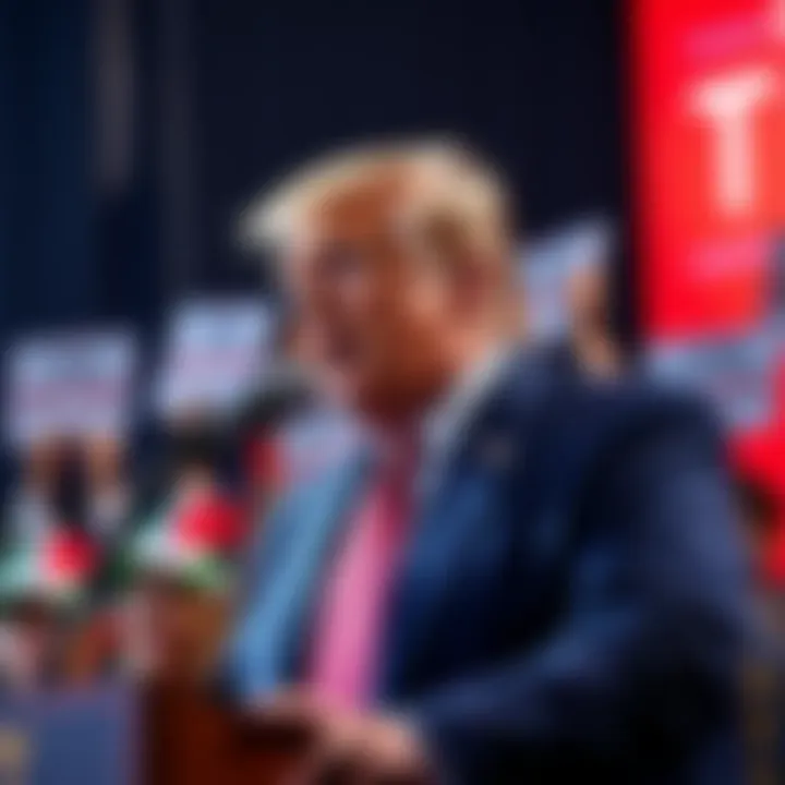 Donald Trump speaking at a cryptocurrency event with supporters holding signs about crypto investments