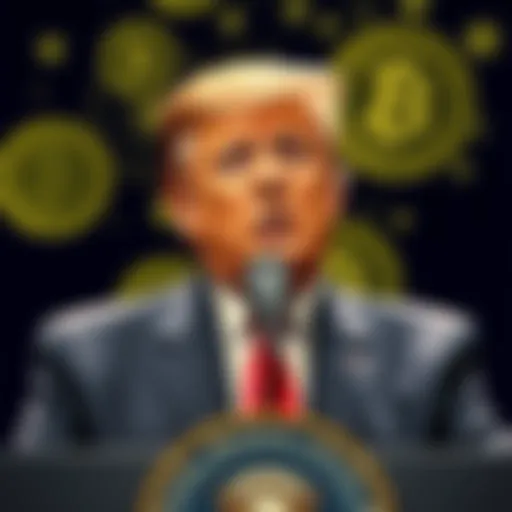 President Trump speaking at a podium with cryptocurrency symbols in the background